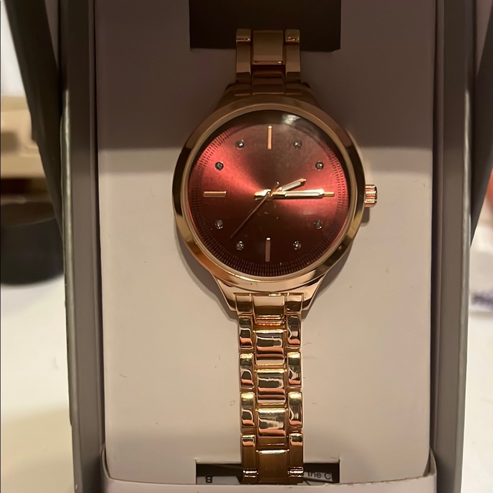 Time and Tru Rose Gold Watch with Deep Red Face